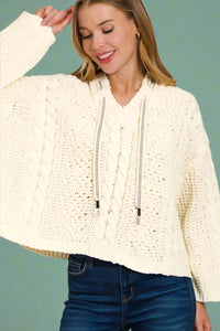 Cable Drawstring Hooded Sweater - Cream