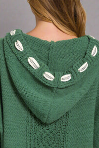 Cable Drawstring Hooded Sweater - Green
