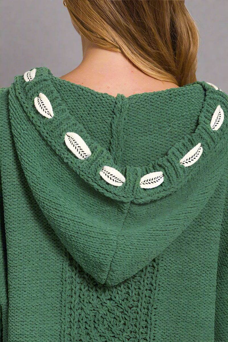 Cable Drawstring Hooded Sweater - Green