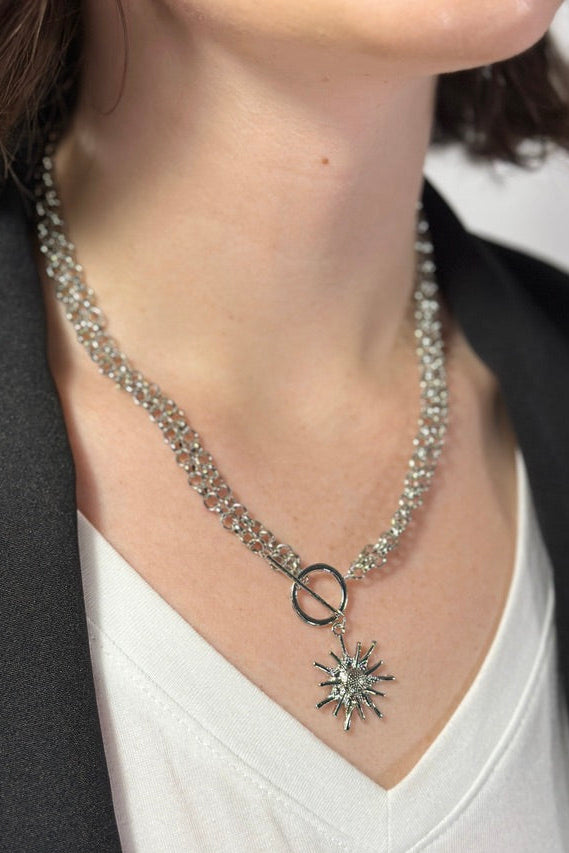 Sun Pendant Chunky Chain Necklace - Silver