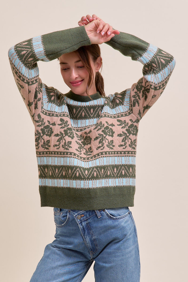 Floral Knit Sweater - Olive