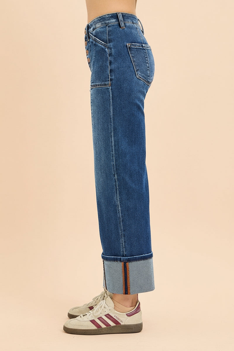 High Rise Crop Wide Straight Cuffed Jeans R16