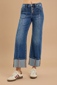 High Rise Crop Wide Straight Cuffed Jeans R16