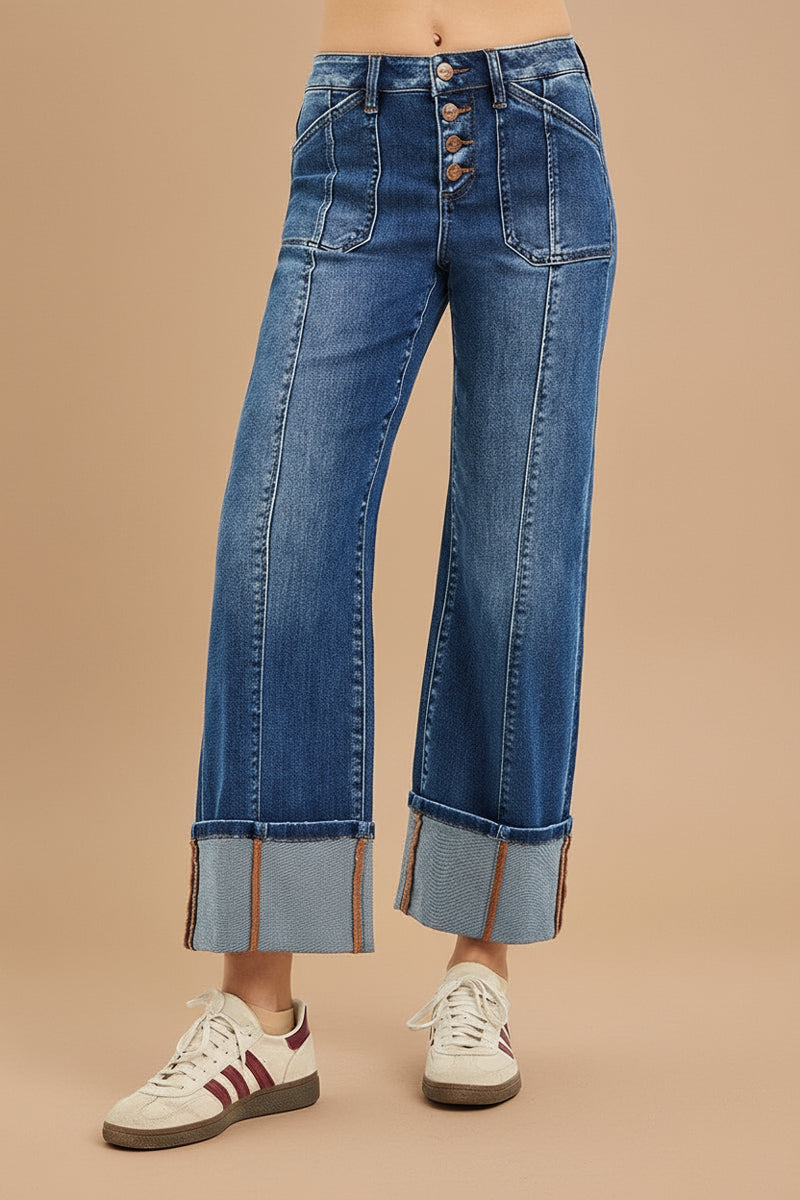 High Rise Crop Wide Straight Cuffed Jeans R16