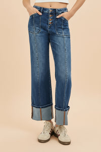 High Rise Crop Wide Straight Cuffed Jeans R16