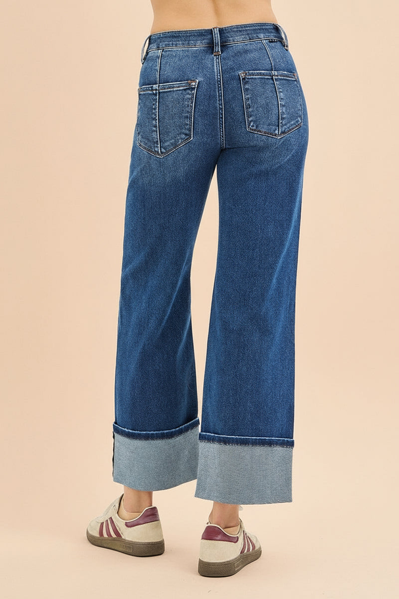 High Rise Crop Wide Straight Cuffed Jeans R16