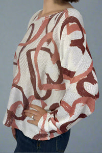 Beige Heart Printed Knitted Sweater