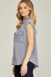Collared Button Down Front Pocket Woven Top