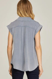 Collared Button Down Front Pocket Woven Top