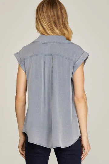 Collared Button Down Front Pocket Woven Top