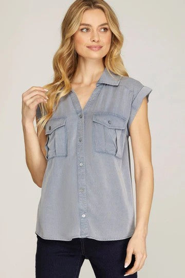 Collared Button Down Front Pocket Woven Top