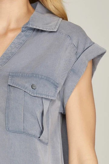 Collared Button Down Front Pocket Woven Top