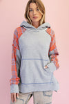 Plaid Mix Terry Pullover Hoodie - Grey