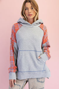 Plaid Mix Terry Pullover Hoodie - Grey