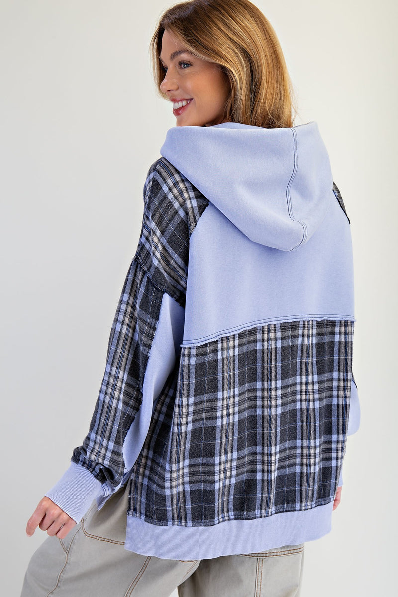 Plaid Mix Terry Pullover Hoodie - Peri