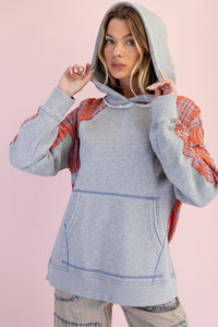 Plaid Mix Terry Pullover Hoodie - Grey