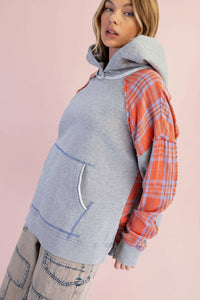 Plaid Mix Terry Pullover Hoodie - Grey