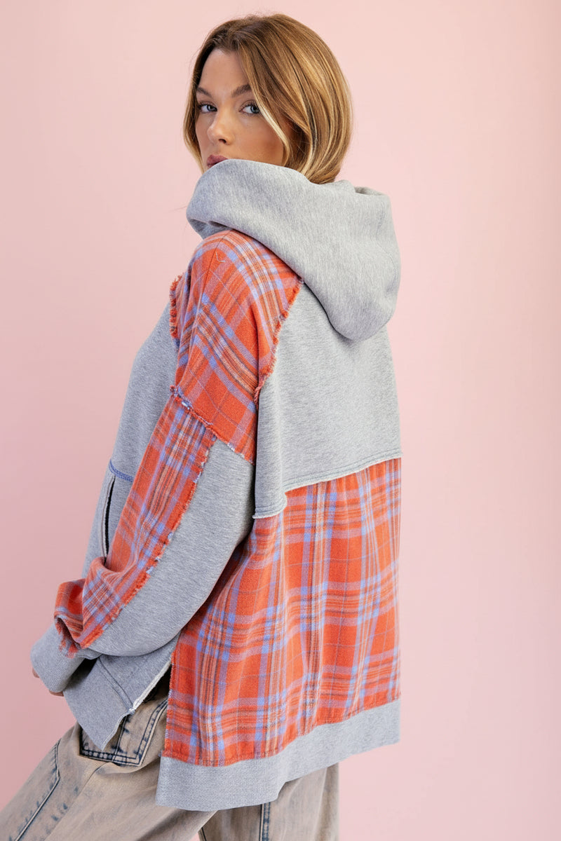 Plaid Mix Terry Pullover Hoodie - Grey