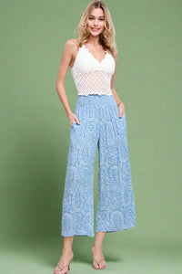 Boho Paisley Print Wide Leg Pant - Sky