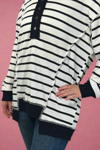 Oversized Striped Button Top - Ivory