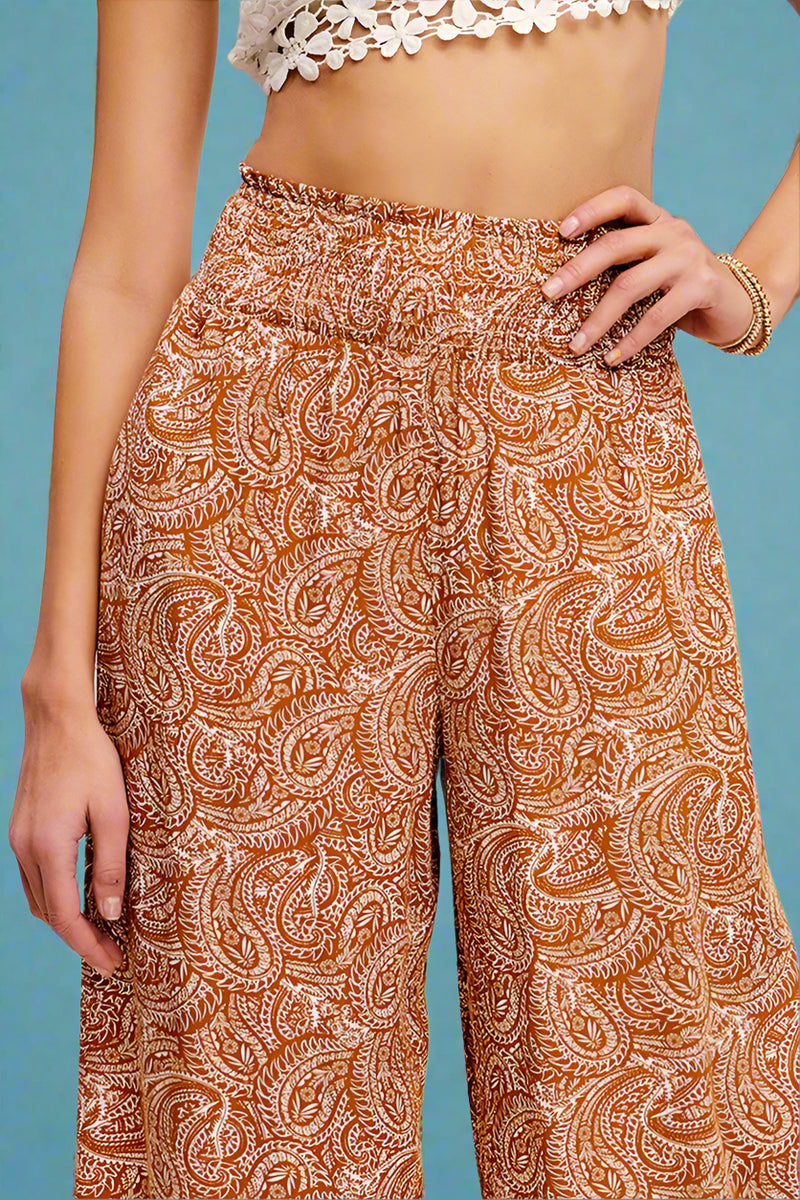 Boho Paisley Print Wide Leg Pant - Caramel