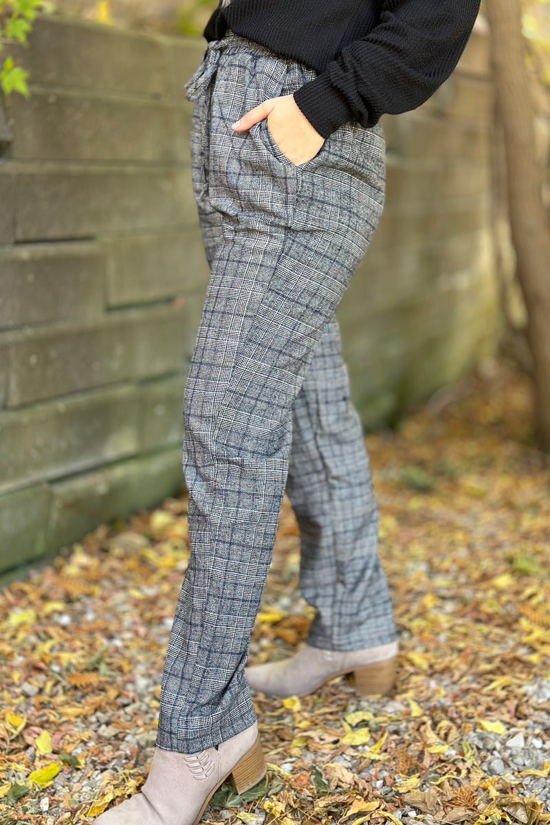 Plaid Elastic Waist Pants Grey
