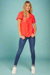 Ruffled V-neck Short Sleeves Solid Woven Top Neon Orange