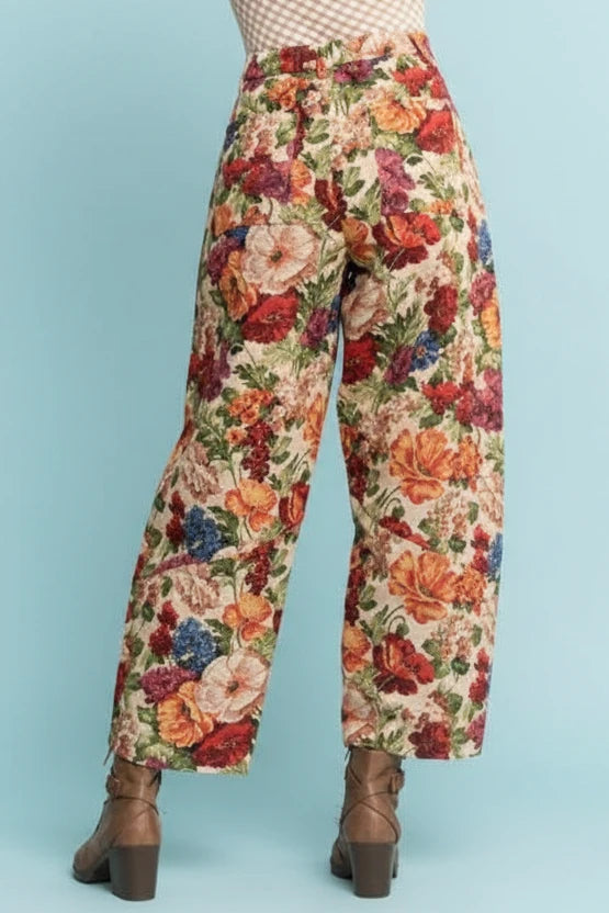 Boho Floral Jacquard Barrel Pants - Orange
