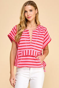 Striped Split Front Pocket Hoodie - Pink