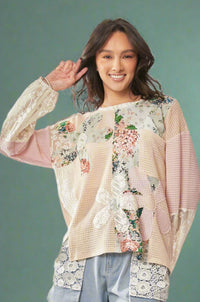 Lace Floral Mix Fabric Top - Beige