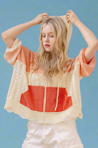 Stripe Distressed Knit Hoodie - Coral