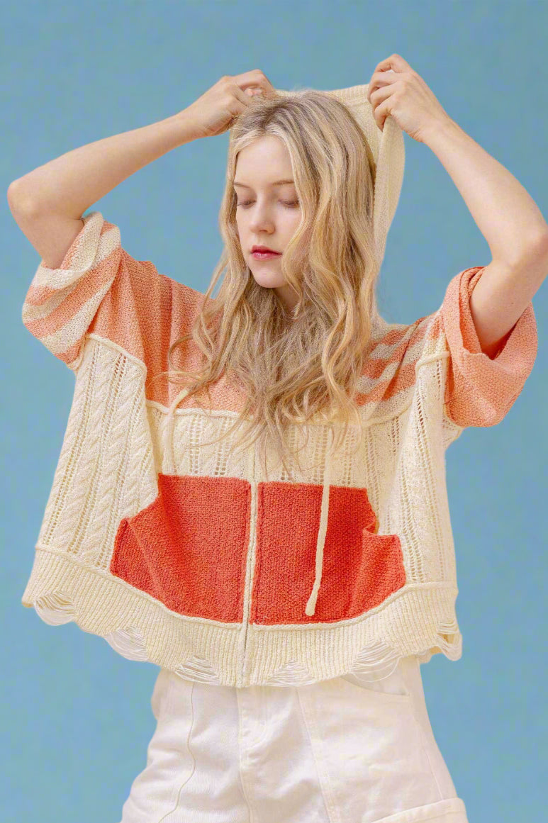Stripe Distressed Knit Hoodie - Coral