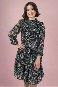 Floral Smocked Yoke Tiered Dress - Black