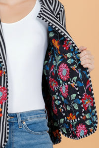 Floral Print Quilted Cotton Jacket - Black