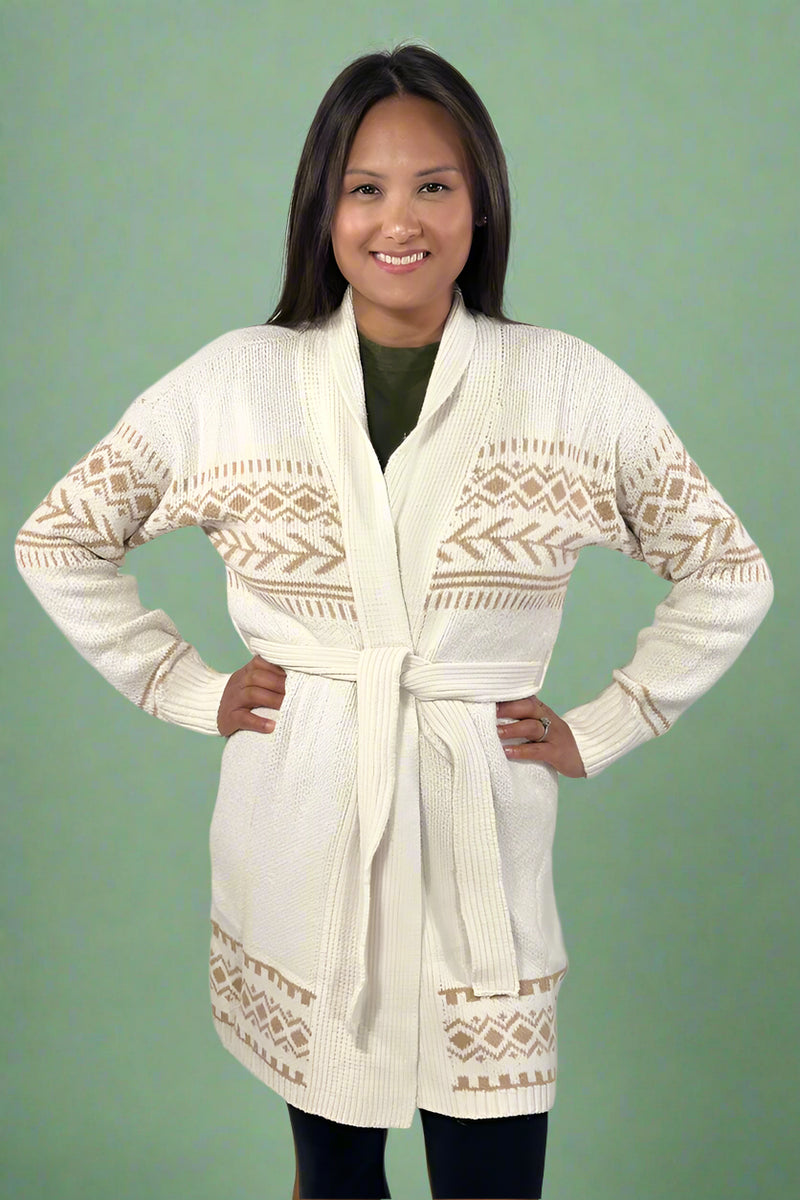 Tribal Print Waist Tie Cardigan - Natural