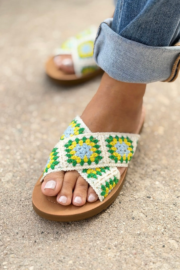 Granny Square Crochet Slides - White