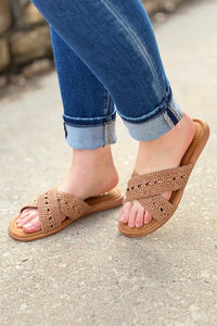 Crochet Knitted Cross Strap Sandals - Tan