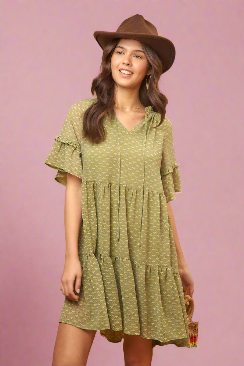 Floral Print V-Neck Mini Dress - Green