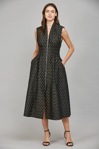 V-Neck Front Zip Midi Dress - Black