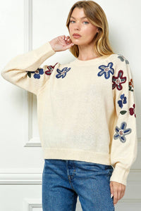 Sweater With Floral Sleeve Embroidery