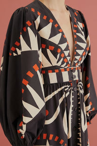 V-Neck Dress with Lantern Sleeves - Black