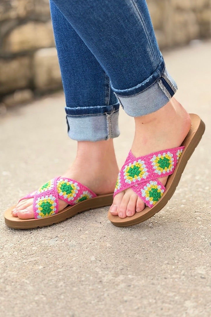 Granny Square Crochet Slides - Pink