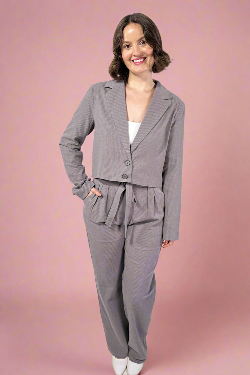 Cropped Pinstripe Blazer - Charcoal