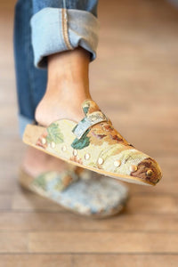 Toni - Floral Tapestry Studded Buckle Clog