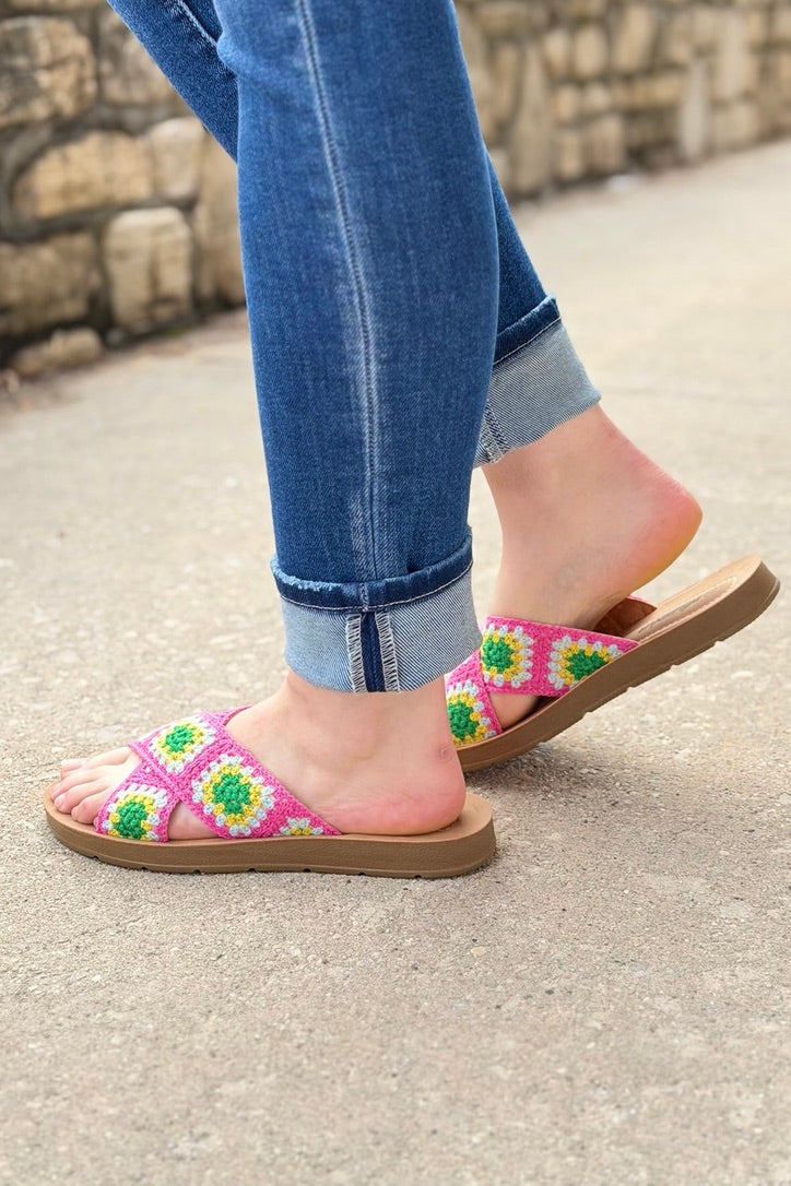 Granny Square Crochet Slides - Pink