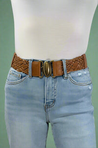 Oval Buckle Braided Elastic Belt - Camel