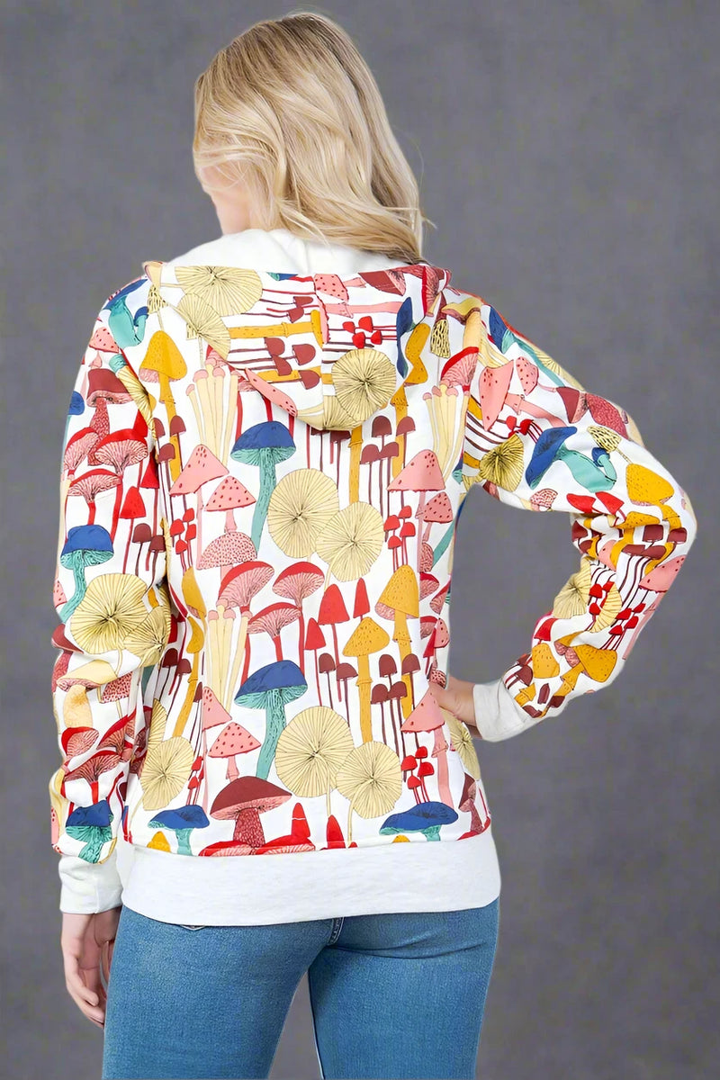 Whimsical Mushroom Zipper Hoodie - Grey