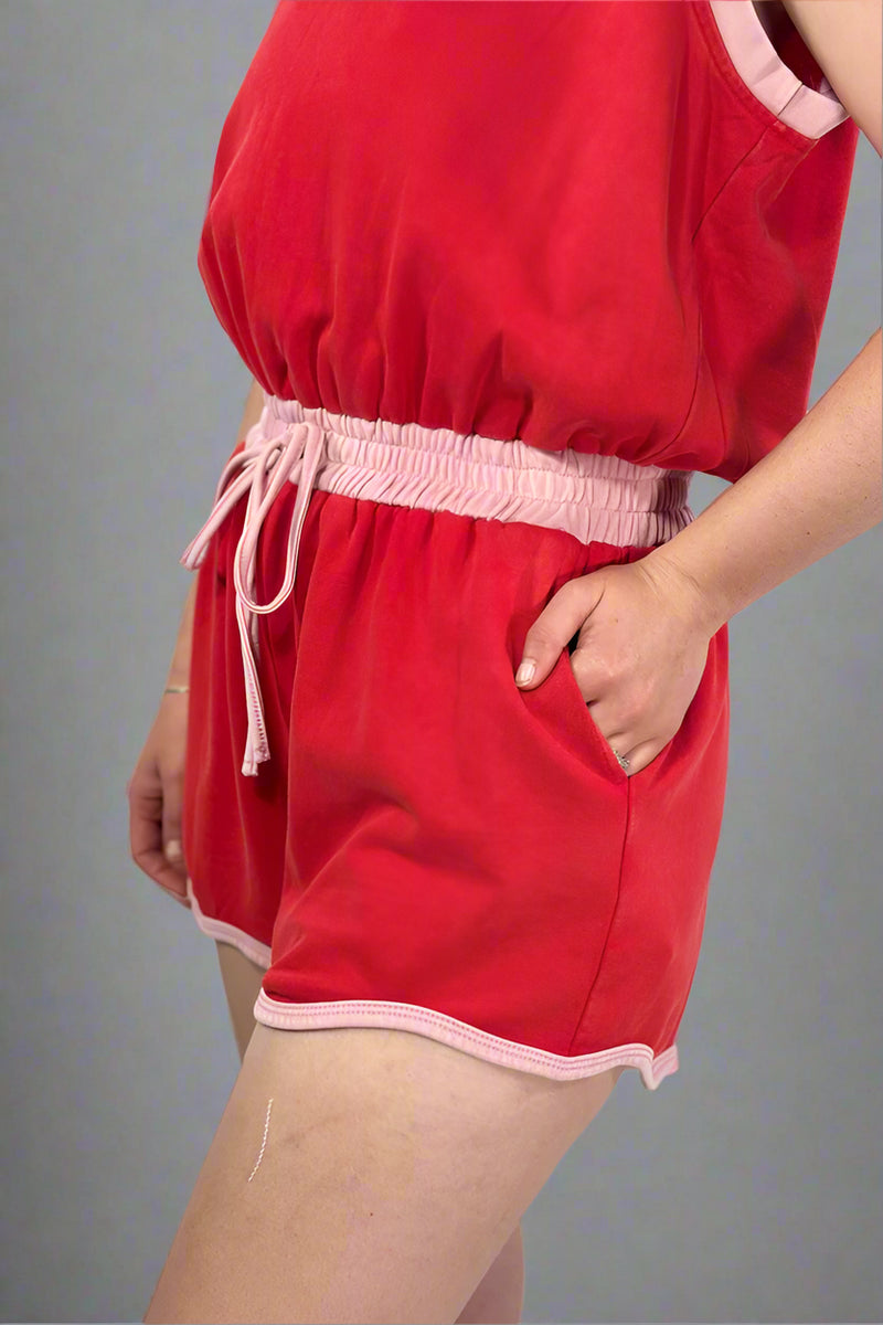 French Terry Sleeveless Romper - Red