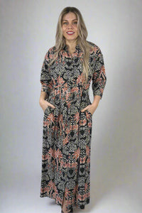 Midnight Palm Tree Button Down Dress Orange