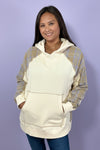 Plaid Mix Terry Pullover Hoodie - Ecru